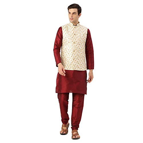 Image of SOJANYA (Since 1958 Men's Cotton Linen Maroon Kurta and White Pyjama with Mustard Cotton Nehru Jacket