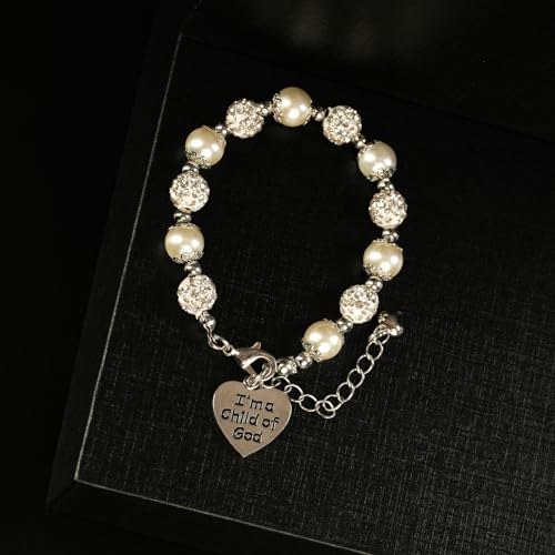 Image of First Communion White Bead Charm Bracelet Handmade Jewelry Baptism or Christening Gift for Girls
