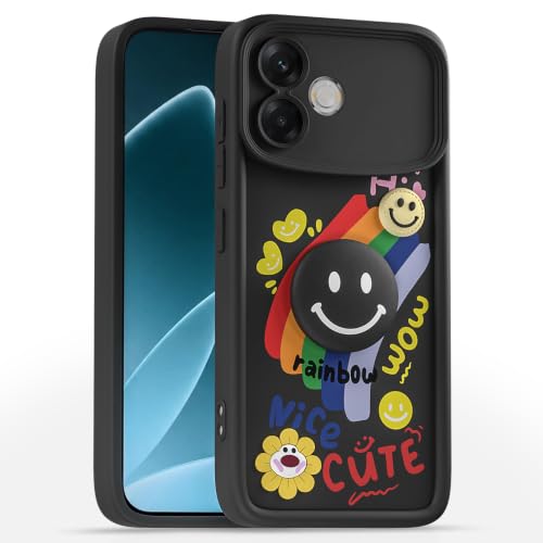 Image of Pikkme Back Cover for Oppo F33 Pro 5G | Soft Silicone| Cute Rainbow Smile & 3D Cartoon Flower Design | Shockproof Raised Camera Protection Bumper Case (Black)