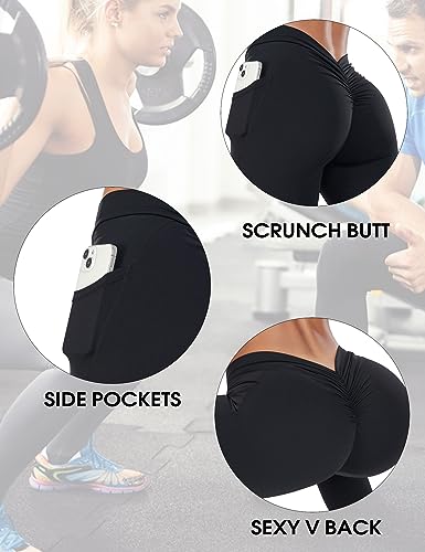 GYMTITAN Scrunch Butt Lifting V Back Leggings for Women with Pockets Buttery Soft High Waist Booty Workout Yoga Pants Black — view 5