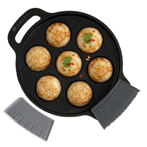 Image of Aditi Naturally Oil-Seasoned Appam Pan 7 Pit for Unniyappam /Paddu /Paniyarkal /Paniyaram(7 inch /18 cm), Heat-Resistant Silicone Handles