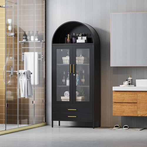 Image of 73''H Metal Arch Kitchen Pantry Cabinets, Arched Display Cabinet with Glass Doors&Drawers for Home Living Room, Assemble Required, Black