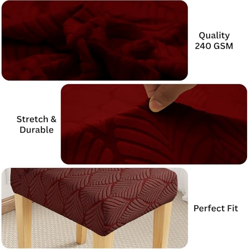 Image of Lukzer Elastic Dining Chair Cover - 6PC Pastel Deep Maroon Leaf Trail | Textured High Stretch Jacquard Seat Cover | Removable Washable Short Dining Chair Cover Protector Seat Slipcover | (CC-130-06)
