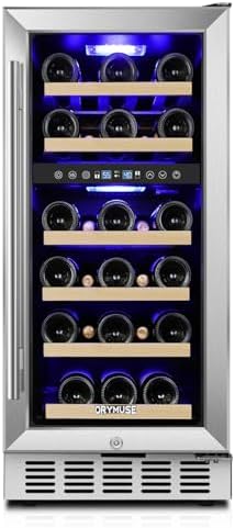 15 Inch Wine Cooler Under Counter, 30 Bottle Dual Zone Wine Fridge with Stainless Steel Glass Door, Built-In or Freestanding Wine Cellar with Digital Temperature Control for Home, Kitchen, or Office