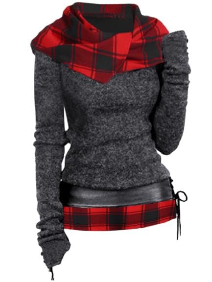 Image of DRESSFO 2024 Women's Knit Hooded Color Block Plaid Shirt Sweatshirt Pullover Sweatshirt Top With Lace-up Belt