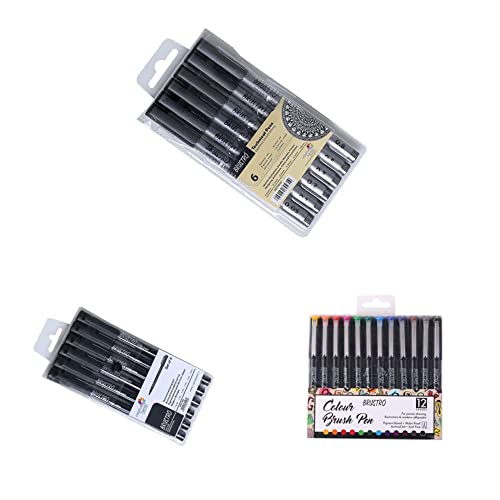 Image of BRUSTRO Technical Pen (Pack of 6) & Professional Pigment Based Fineliner - Pack of 6 & Colour Brush Pens Set of 12