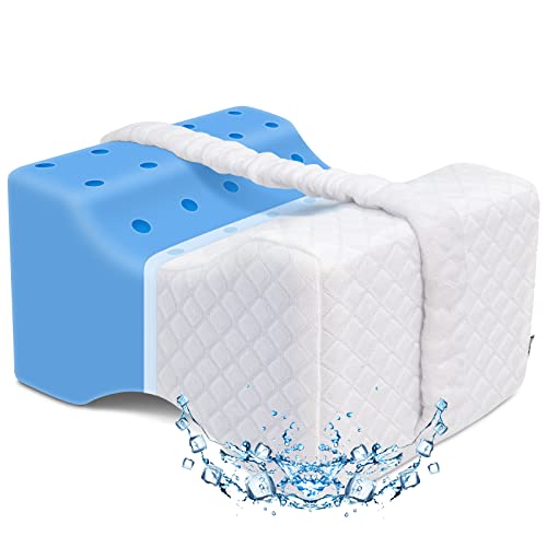 Cooling Knee Pillow for Side Sleepers, Gel Memory Foam Leg Pillows for Sleeping with Ice Silk Cover and Strap, Knee Pillow for Back Hip Pain, Spine Aligning, Sciatica, Surgery Recovery, Pregnancy
