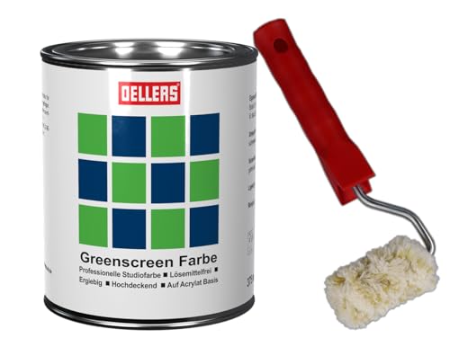 Peinture pour fond vert Greenscreen OELLERS, 375 ml, chroma vert, mate, set avec rouleau, peinture mur pour studio, production vidéo et photo.
