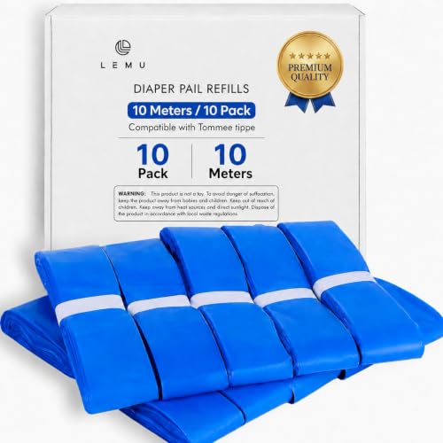 LEMU Nappy Bin Refill Bags 10-Pack (10M each) – Compatible with Tommee Tippee Twist & Click Refill For All Models Bin – Max Odor Protection Baby Diaper Bin Bag Liner Pails – Nappy Bags Disposoble