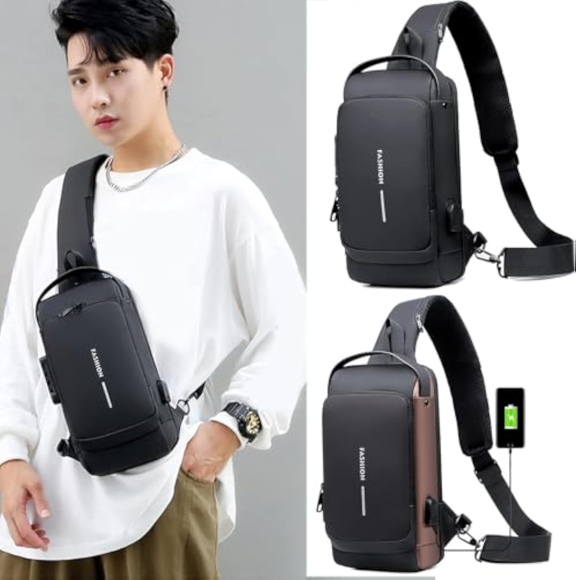 Anti-theft Water-Resistant Sling Bag with USB Charging Port