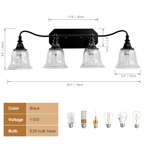 Image of LmnLvn 4-Light Bathroom Vanity Light, Matte Black with Crystal Glass Shade