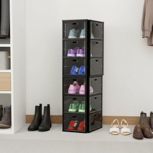 Image of Sulfar 6 Tier Shoe Rack Collapsible Shoe Organiser with Door - Foldable Sneaker Crates Footwear Organiser for Men, Women, Heels, Boots, Loafers, Sneakers, Slippers (Black)