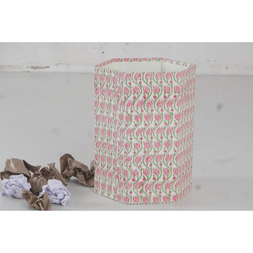 Image of Floral Hand Block Printed 3.3 Gallon Decorative Waste Basket - Eco-Friendly Cardboard Trash Can, Plastic-Free & Sustainable, Perfect for Christmas and Housewarming Gifts (1, Pink Green LHARIYA)