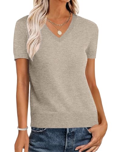 ANRABESS Women Wool Blend Sweater Summer 2025 Short Sleeve V Neck Pullover Top Business Casual Outfit Beach Vacation Clothes
