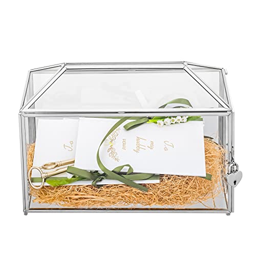 NCYP 32cm Caja de tarjetas de boda plateada con ranura y cerradura, geométrico hecho a mano para tarjetas de agradecimiento, sobres, centro de mesa de terrario (solo caja de vidrio y cerradura)