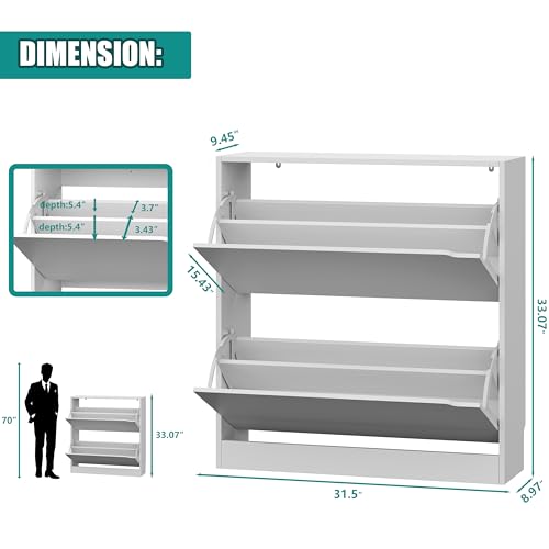 Image of Xixini Shoe Storage Cabinet for Entryway with 2 Flip Drawers, Wood Freestanding Hidden Shoe Storage, Narrow Slim Sturdy Shoe Organizer for Front Door Entrance, Living Room, Hallway, Bedroom, White