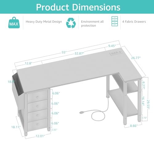 Lufeiya White L Shaped Desk with Drawers & Storage Shelves, 55 Inch Corner Computer Desk with Power Outlet for Home Office Bedroom, L-Shaped Teen PC Desks with Fabric Drawer, White