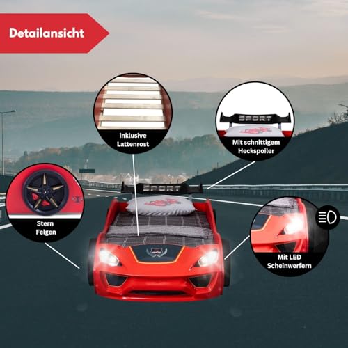 Coemo Kinder Autobett Dream Racer Kinderbett 90x200 im Rennwagen Design mit LED Beleuchtung und Lattenrost für Jungen und Mädchen - Betten Farbe Rot - Rennbett