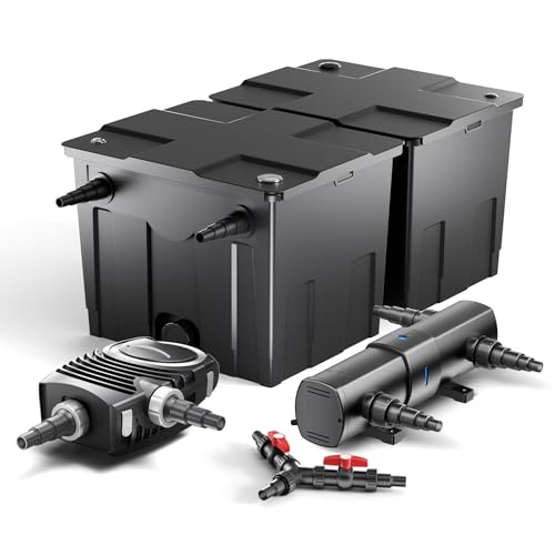SunSun Komplettset: CBF-350B Teichfilter bis 60000 L Teichfilteranlage als Durchlauffilter, NEO10000 SuperECO Teichpumpe 10000l/h 80W, CUV-224 Teichklärer UVC Klärer mit 24W, Y-Verteiler