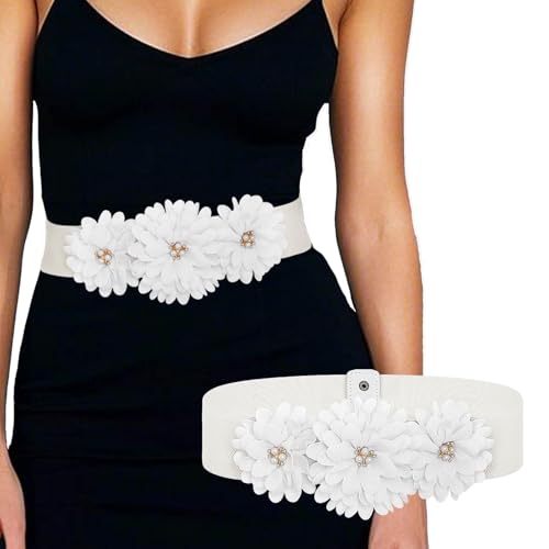 Flower Belt Wide Women Stretchy White Belt Elastic Rhinestone Belts Jewelry Accessories for Dress