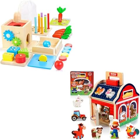 Kizfarm Wooden Montessori Baby Toys, 8-in-1 Wooden Play Kit Includes Object Permanent Box, Farm Animals Toys Take-Along Sorting Barn Toy with Door Cover