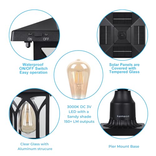 Kemeco ST4328Q Solar Post Light Outdoor Cast Aluminum LED Lamp Fixture with 3-Inch Fitter Base for Yard Garden Post Pole Pillar Mount Landscape Driveway