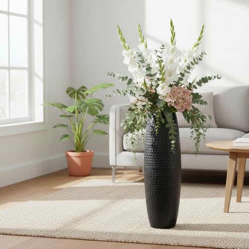 Image of RIZIK STORE Hammered Gold Metal Floor Flower Pot /Vase - 24.2 Inch Tall Round Decorative Vase for Living Room, Modern Minimalist for Dried Flowers, Antique Home Decor Accent (Black)