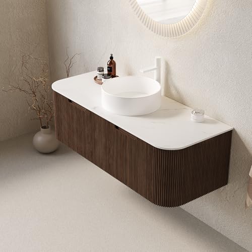 Image of KEIKI 48 inch Floating Bathroom Vanity with Sink, Modern Wall Vanity Cabinet with Curved Edge Design, 2 Soft-Close Drawers & White Ceramic Vessel Basin, Pre-Assembled Bathroom Vanity, Walnut