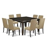 East West Furniture PFDR9-CAP-03 9 Piece Dining Set Includes a Square Dining Room Table with Butterfly Leaf and 8 Brown Linen Fabric Upholstered Parson Chairs, 54x54 Inch, Cappuccino