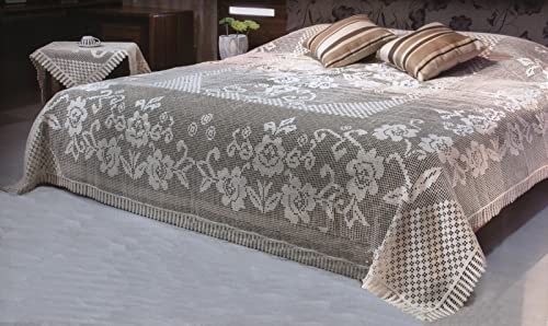 OM DOLCE CASA Copriletto Pizzo Filet Vintage 100% Cotone Tinta Unita Colore Ecru Misura Matrimoniale Cm 255x280