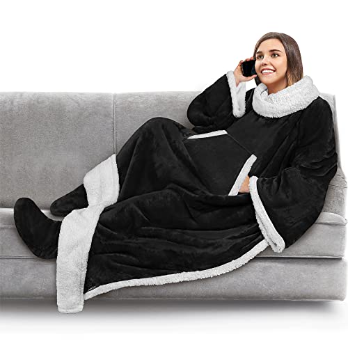 PAVILIA Sherpa Blanket with Sleeves and Foot Pocket Women Men Adults, Fleece Wearable Blanket Sleeved Throw Wrap, Thick Hug Sleep Pod Snuggle Blanket Robe, Cozy Ideas Wife Mom, Black
