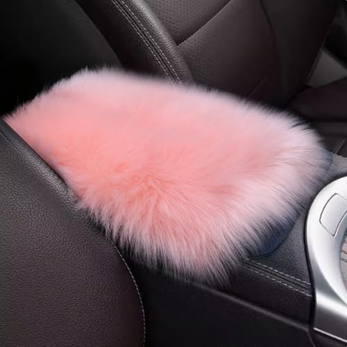 BDZMC Auto Center Console Cover Pad, 11.81"x 7.87" Warm & Furry Winter Car Armrest Cover, Soft Faux Sheepskin Wool Car Armrest Seat Box Protector Cushion, Universal Interior Accessory (Pink)
