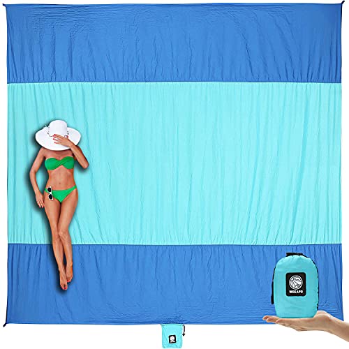 Wekapo Beach Blanket Sandproof, Extra Large Oversized 10'X 9' for 2-8 Adults Beach Mat, Big & Compact Sand Free Mat Quick Drying, Lightweight & Durable with 6 Stakes & 4 Corner Pockets