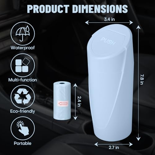 Image of Car Trash Can Bin with Lid - Car Garbage Can Cup Holder - Light Blue Mini Leakproof Vehicle Trash Garbage Can Bin with 20pcs Trash Bags-Car Organizers and Storage for Front Back Seat Accessories