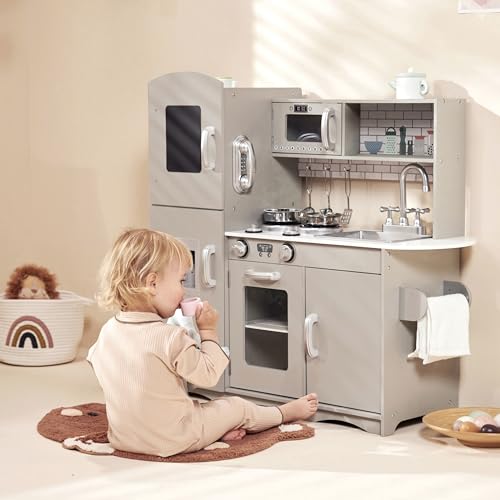 KIDOZ Wooden Toy Kitchen, Large Pretend Play Kitchen With Realistic Oven, Microwave and Sink With Taps, Kitchen Playset with Sounds and Lights For Kids (New Grey (Kitchen with Utensils) - Image 8