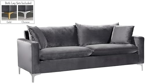 Miniatura 4 de Meridian Furniture Naomi Collection Modern  Sofá tapizado de terciopelo gris contemporáneo con base de acero inoxidable en acabado dorado o cromado
