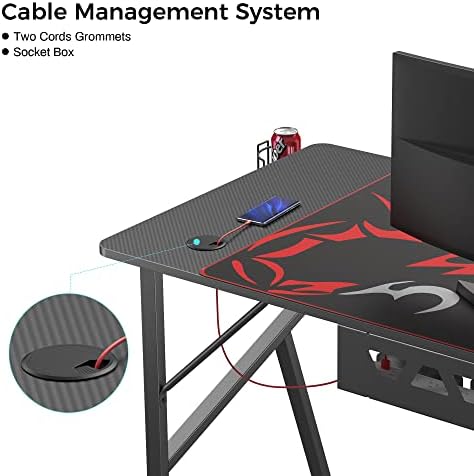 EUREKA Gaming Desk 160× 60 CM Large Gaming PC Desk Carbon Fiber Surface Computer Table with Mouse Pad Ergonomic Gaming Computer Desk with Double Headphone Hook USB Gaming Rack Cup Holder