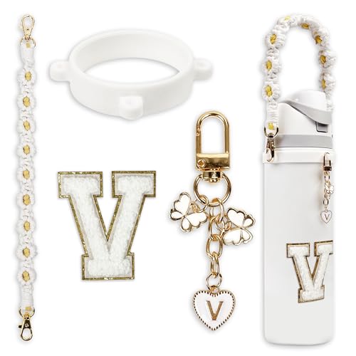 Cute Letter Charm Set with Secure Handle Strap, Silicone Ring, Monogram Sticker and Personalized Decoration for Owala Compatible Water Bottle, Travel Carry, School, Gift and Daily Use (White, V)