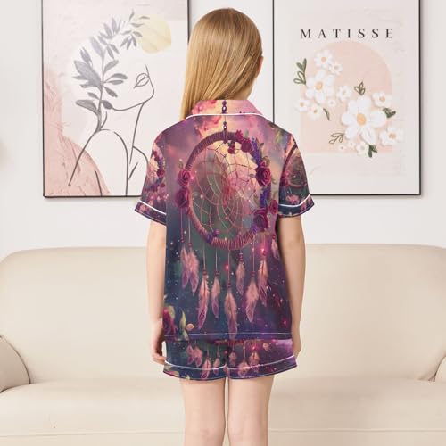 ALAZA Red Rose Dreamcatcher Galaxy Satin Pajamas Set Short Sleeve Button Down Sleepwear Summer Pjs 2 Piece4