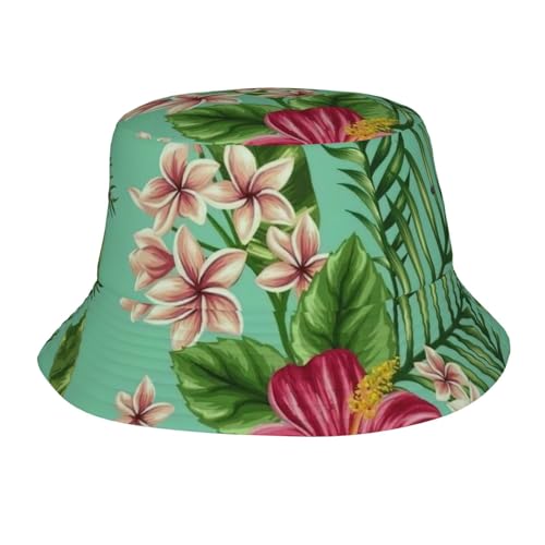 Langhbozdp Chapeau bob hawaïen avec imprimé feuilles tropicales et fleurs pour homme et femme, chapeau de soleil pliable, chapeau de pêcheur pour l'extérieur, l'été, les voyages, la plage, noir