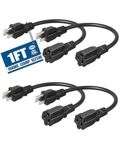 DEWENWILS Short Extension Cord, 1 Foot Power Cord, 16 AWG SJTW Weatherproof Extension Cable for Indoor Use, 3 Prong Grounded Outlets Plugs, NEMA 5-15P to NEMA 5-15R, Black, UL Listed,4 Pack