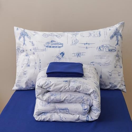 Image of CLOTHKNOW 4Pieces Vehicle Traffic Toddler Bedding Sets for Boys Girls Kids | 4Pcs White Blue Comforter Sets, Cars Airplane Tank Helicopter Pattern, Soft All Seaon Crib Bed Sets
