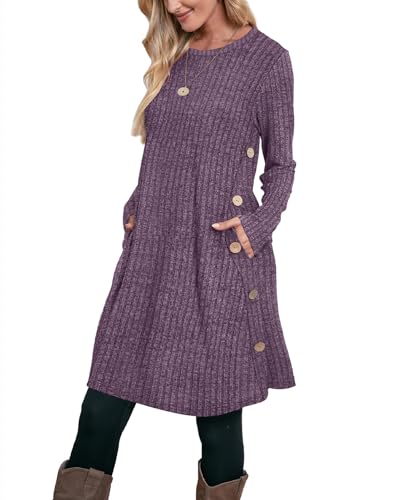 Image of OFEEFAN Long Sleeve Dress for Women Crew Neck Fall and Winter Tunic Dress with Pockets