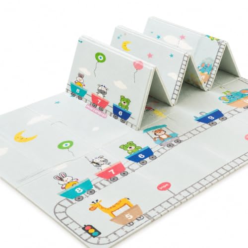 Image of MiniExplorer Double-Sided Waterproof Baby Floor Mat | Extra Large 6.5 x 4.5 ft | 8mm Thick Foam Play Mat | BPA Free, Foldable, Reversible Crawling & Tummy Time Mat for Babies & Kids - Sea & Giraffe