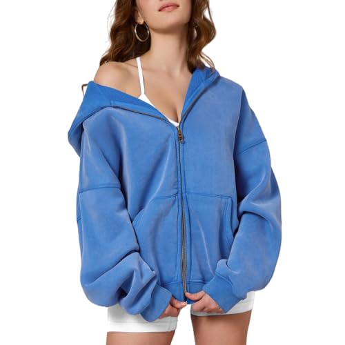 Dnzzs Womens Zip Up Hoodie Oversized Acid Wash Sweatshirts Heavyweight Fall Fashion Outfits Casual Jackets Winter Clothes Bright Blue Medium