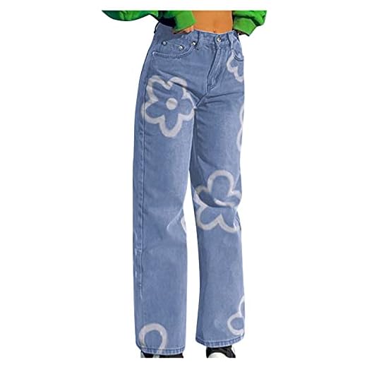 Vectry Damjeans fritidsbyxor hög midja raka ben jeans raka breda ben baggy denim byxor pojkvän långa byxor Y2k 90-talet streetwear, Ablue, M