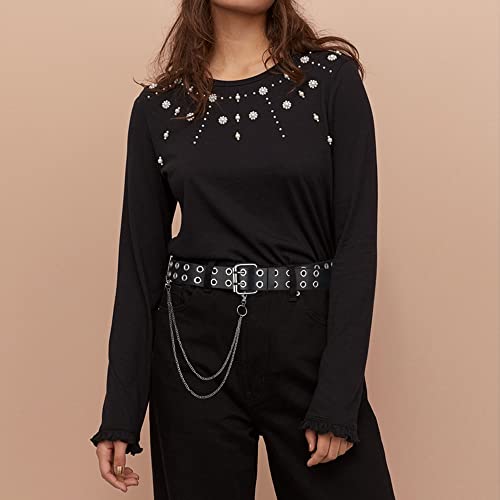 Image of Grommet Leather Belts for Women, Black Belt Women Men with Double Holes & Chains