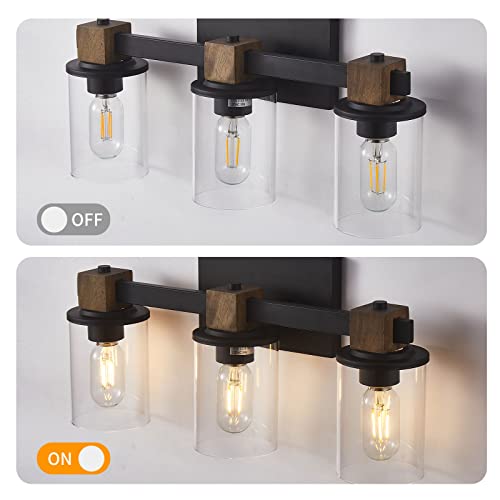 Eatich Bathroom Light Fixtures, Farmhouse Bathroom Vanity Light With Clear Glass Shade, 3-Light Bathroom Lights Over Mirror With Rustic Wood #TOP4
