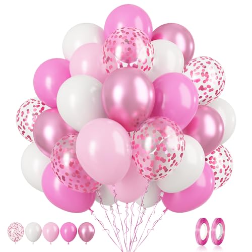 Image of Pink White Balloon Set, 60 PCS Metallic Birthday Balloons, Confetti and Macaron Latex Matte Balloons for Helium, Girls Women Baby Shower Wedding Supplies