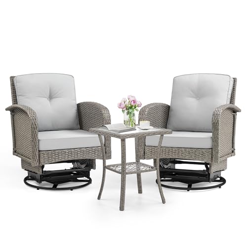 YOFE Outdoor Swivel Rocker Chairs Set, 3 Piece Patio Swivel Chairs Furniture Set, All-Weather Wicker Bistro Set, Washable Cushions, Ideal for Porch, Deck, Balcony, Backyard (LightGray)